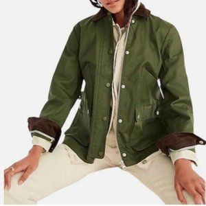 J Crew Corduroy Trim Green Waxed Barn Chore Jacket